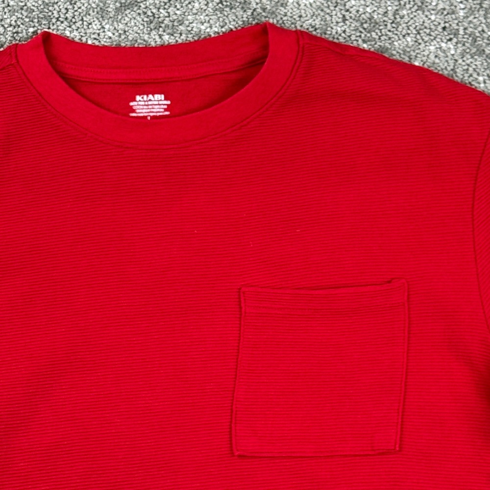 Kiabi Mens L Red Ribbed Pocket T Shirt 100% Cotton Organic Crew Neck